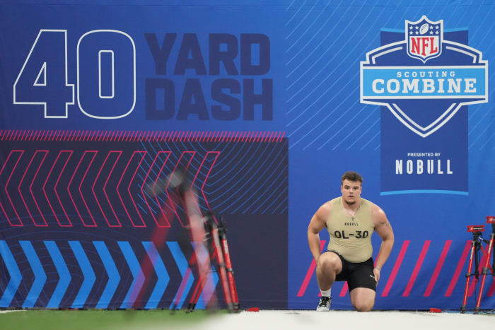 Mar 3, 2024; Indianapolis, IN, USA; South Dakota State offensive lineman Garret Greenfield (OL30) during the 2024 NFL Combine at Lucas Oil Stadium.